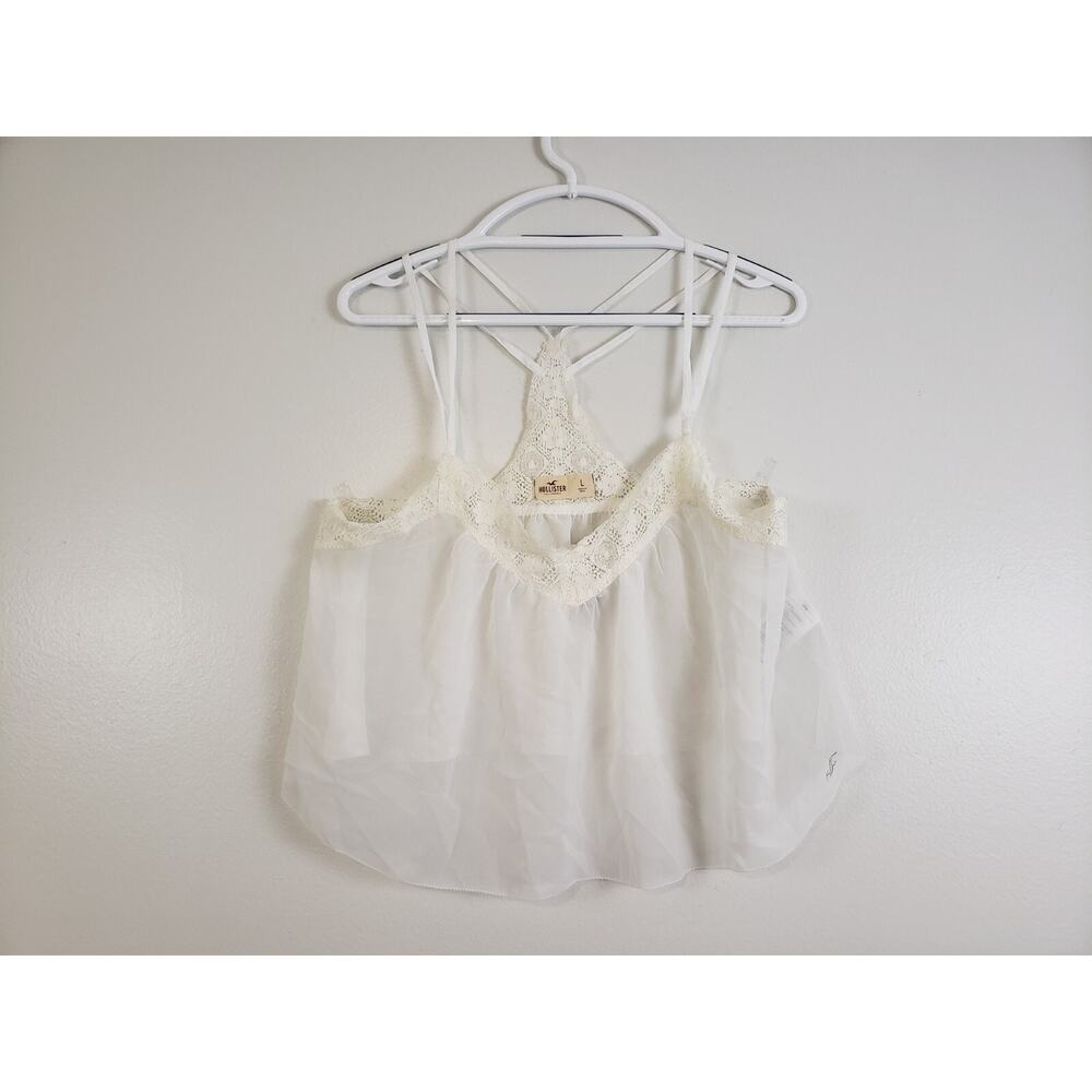 Y2K HOLLISTER WOMENS JUNIORS TOP SIZE L LACE CROP SHEER RELAXED BEACH FAIRY